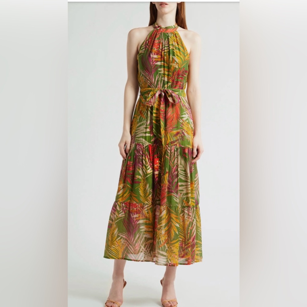 NWT Anne Klein Multicolor Tropical Halter Midi Dress With Pockets Size 6